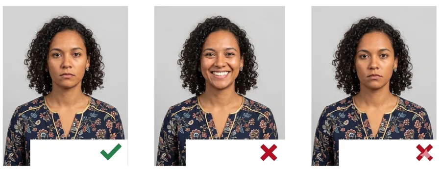 Exemple approuvé avec expression neutre, puis deux exemples refusés : sourire visible et bouche entrouverte