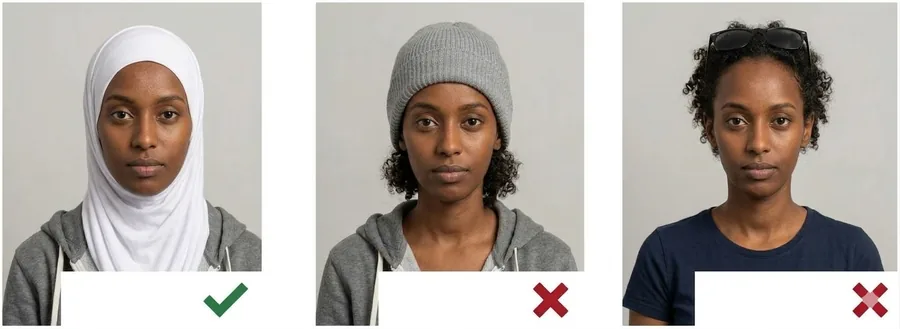 Exemple approuvé avec un hijab laissant le visage dégagé, puis deux exemples refusés : bonnet de mode et lunettes de soleil remontées sur la tête